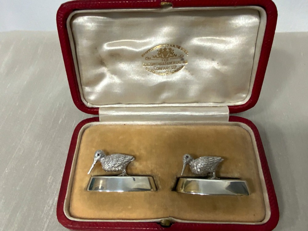 A pair of Edwardian sterling silver woodcock menu holders presented inside a red fitted silk-lined case. View III
