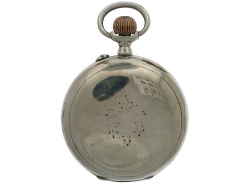 fig 1. An open-faced Longines pocket watch with a silver case, white enamel dial, black Arabic numerals, and a subsidiary seconds dial.