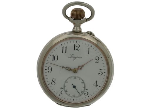 fig 3. An open-faced Longines pocket watch with a silver case, white enamel dial, black Arabic numerals, and a subsidiary seconds dial.