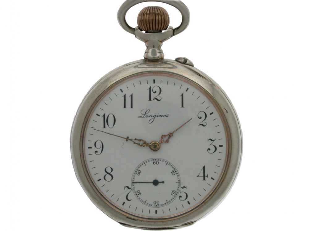 An open-faced Longines pocket watch with a silver case, white enamel dial, black Arabic numerals, and a subsidiary seconds dial.