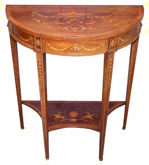 Fine Edwardian Mahogany Inlaid Demi Lune 1 Drawer Side Table.
