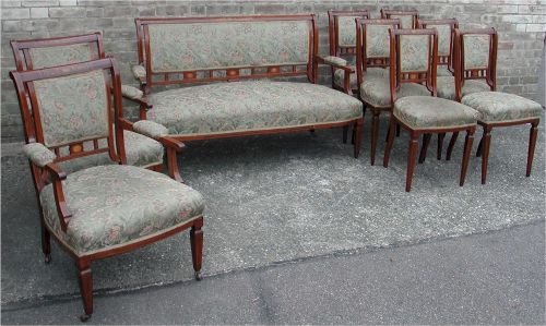Late 19c Inlaid Rosewood 9 Piece Parlour Suite Inc.settee, Pair Armchairs&6chairs.