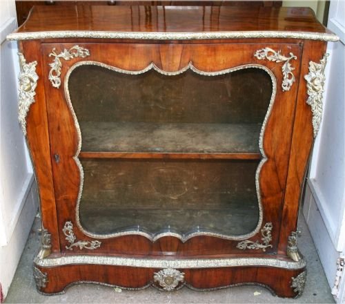 Victorian Figured Walnut Shaped Glazed Door Side Cabinet with Ormolu Decoration.