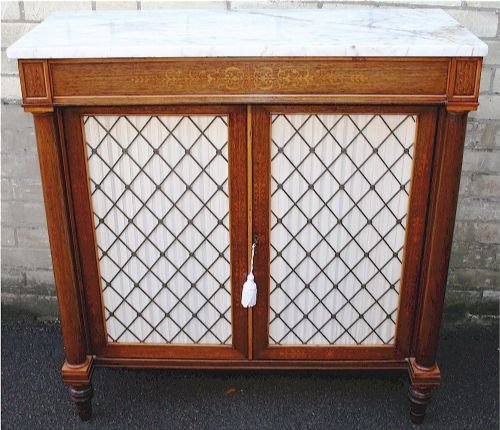 Regency Rosewood Inlaid Marble Top 2 Brass Grill Door Side Cabinet on Turned Feet.