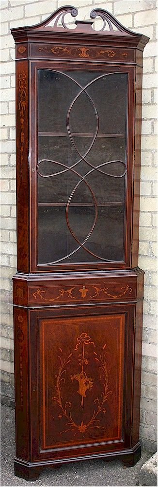 Late 19c Inlaid Mahogany Freestanding Corner Cabinet with Swanneck Cornice.