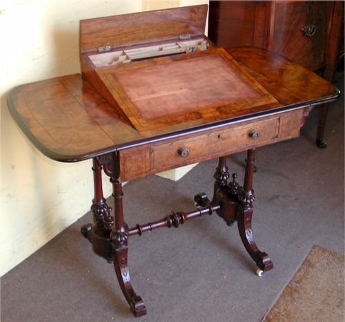 Victorian Figured Walnut Drop Leaf Table Having 'Pop Up' Writing Slope.