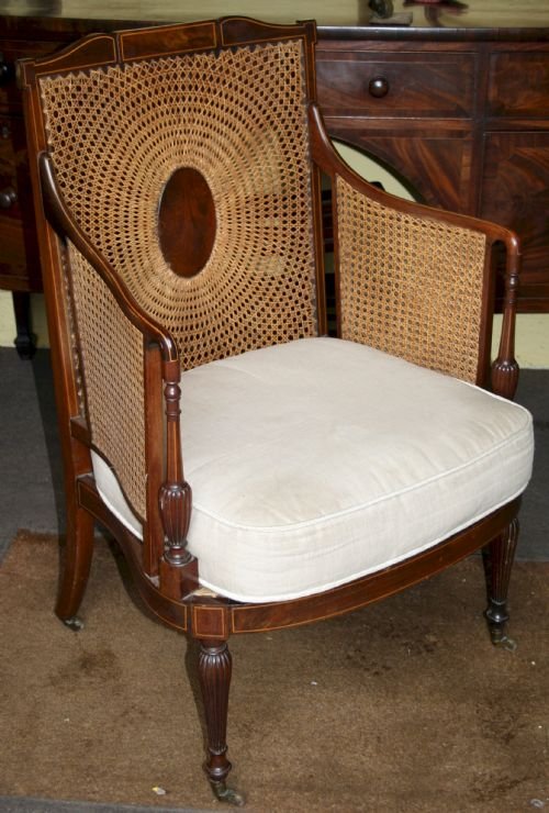 Edwardian Inlaid Mahogany 'Sheraton Style' Bergere Armchair.