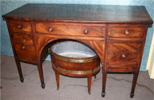 George 111 Fine Flared and Coloured Mahogany Crossbanded Bow Front Sideboard.