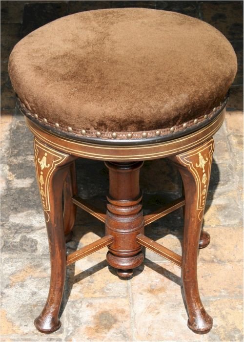 Late 19c Mahogany Inlaid Revolving Stool on Cabriole Legs.