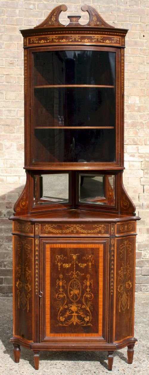 Fine Quality Late 19c Inlaid Freestanding Corner Cabinet.