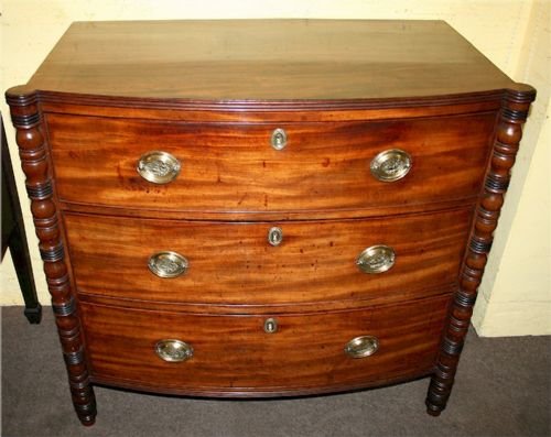 Regency Mahogany Bow Chest of 3 Long Oak Lined Drawers