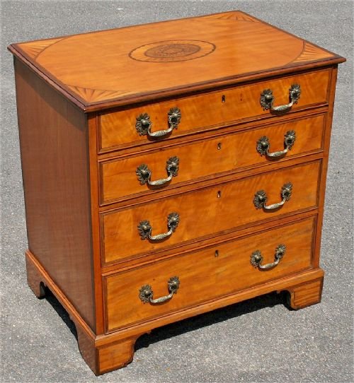 Edwardian Satinwood Inlaid Chest of 4 Long Oak Lined Drawers