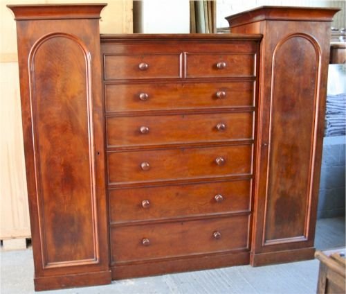 Victorian Mahogany 'Sentry Box' Wardrobe Having Tall Centre 7 Drawer Chest & Hanging Ends.

