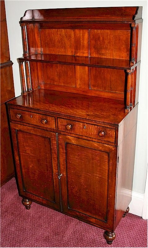 Good Quality Small Regency Mahogany Chiffonier Having 2 Shelf Back.