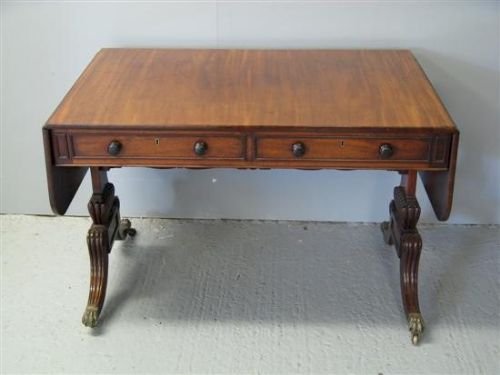 Regency Mahogany 2 Drawer End Support Sofa Table on Reeded Splay Legs.