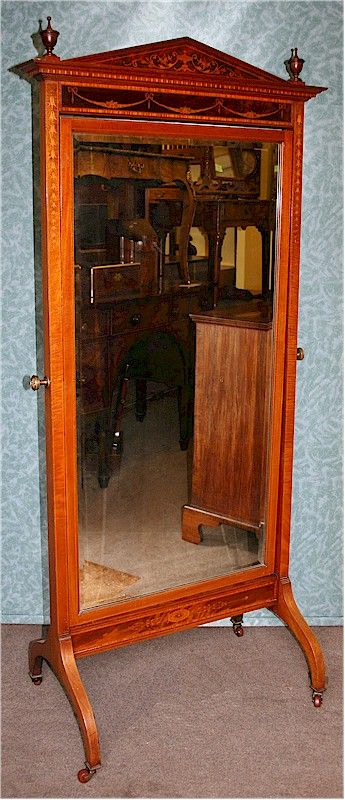 Good Quality Inlaid Mahogany Edwardian Cheval Mirror.