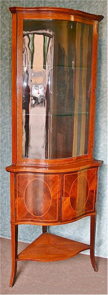 Edwardian Inlaid Mahogany Corner Cabinet on Cupboard Base Stand.