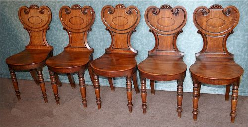 A Fine Set of 5 Regency Mahogany Hall Chairs
