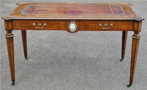 Victorian Gilt Metal and Porcelain Mounted Burr Walnut 2 Drawer Writing Table.