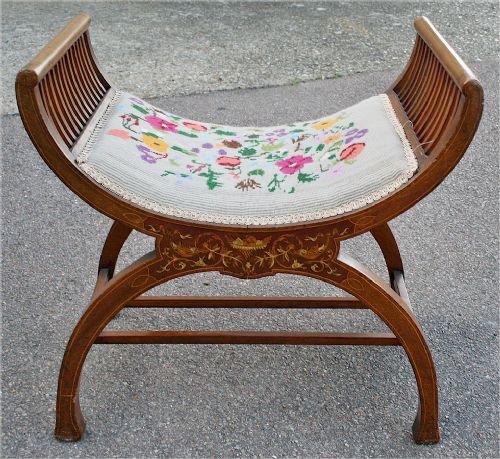 Edwardian Inlaid Mahogany X Frame Stool Having Slatted Side Supports.