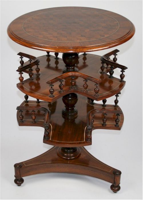 Victorian Rosewood Brass Strung 3 Tier Revolving Book Table.