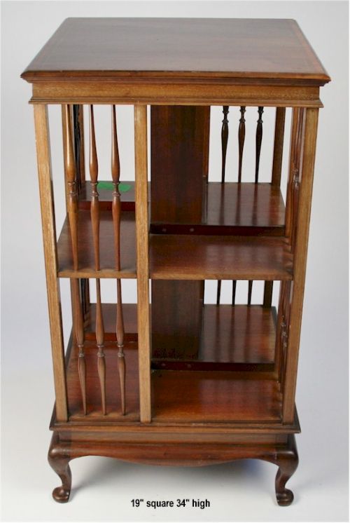 Edwardian Inlaid Mahogany Revolving Bookcase on Short Cabriole Legs.