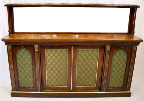 William 1v Rosewood and Amboyna 4 Door Side Cabinet with Raised Mirror Back.