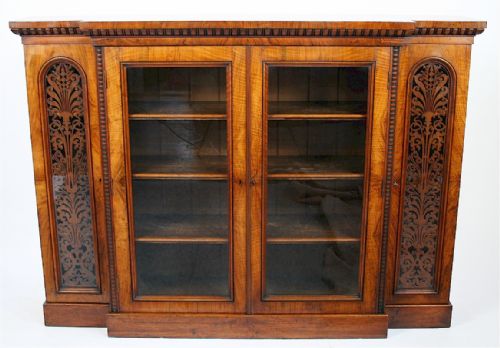 Victorian Figured Walnut 4 Door Breakfront Side Cabinet Having Blind Frett Panels to Side Doors.