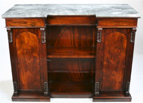 William 1v Rosewood Inverted Breakfront Open Centre Side Cabinet with Mottled Grey Marble Top.
