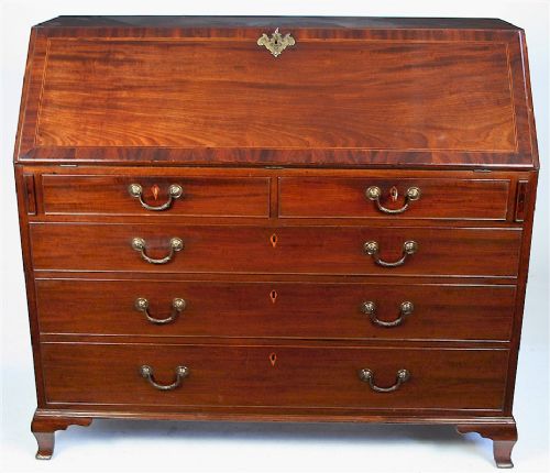 George 111 Mahogany Bureau Having Fine Inlaid Interior.