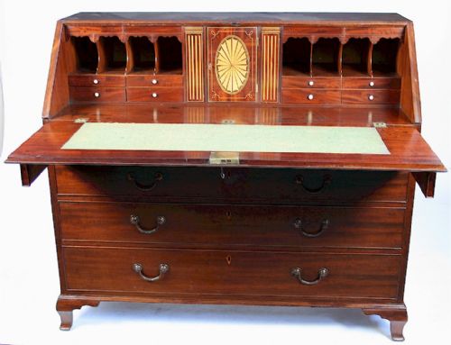 fig 1. George 111 Mahogany Bureau having Fine Inlaid Interior.