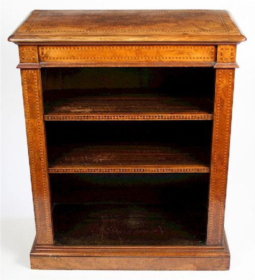 Victorian Figured Walnut Inlaid Small Open Bookcase.