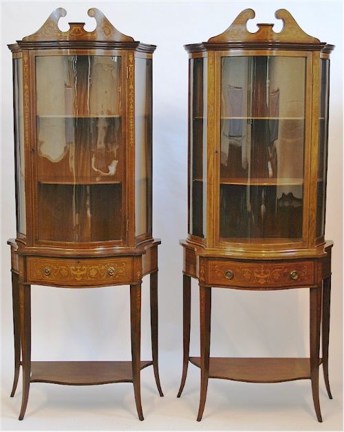 Edwardian Inaid Mahogany Near Pair of Sepentine Cabinets on 1 Drawer Stands.