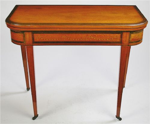 Late Victorian Satinwood Fiddleback Mahogany Banded Inlaid D Shaped Card Table.