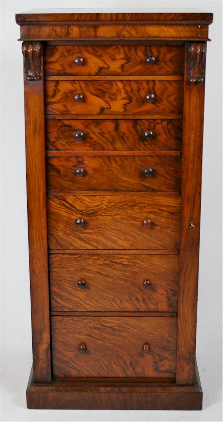 Victorian Figured Walnut Secretaire Wellington Chest.