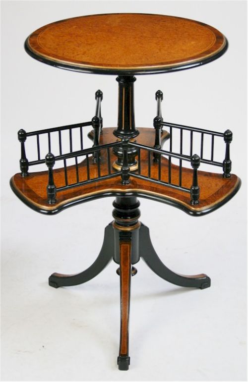 Victorian Burr Maple and Ebonised Circular Book Table on Tripod Legs.