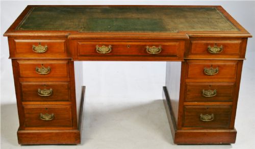 Victorian Solid Walnut Breakfront 3 Part Kneehole Desk Having 9 Mahogany Lined Drawers