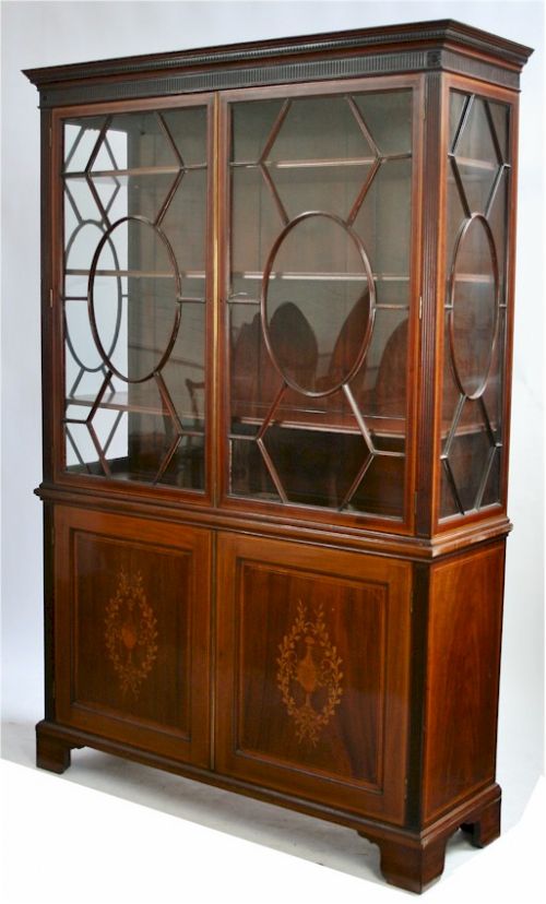 Late 19c Inlaid Display Cabinet on Cupboard Base.