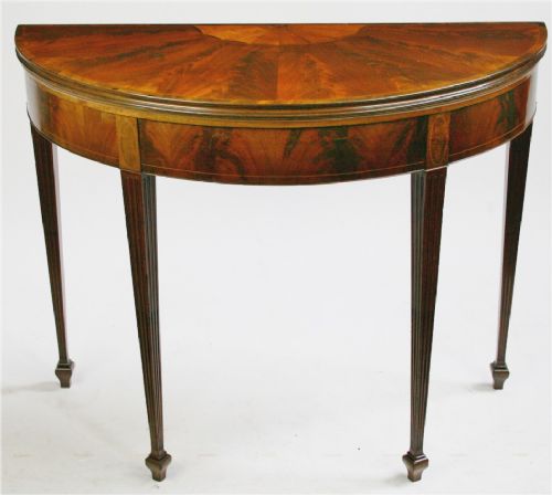 Edwardian Figured Mahogany Inlaid Demi Lune Card Table.