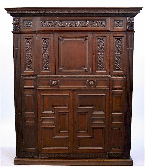 Late 19c Carved Oak Snooker Cabinet by Thurston & Co.