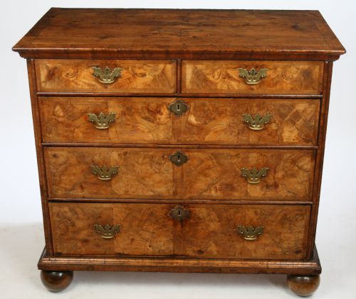 18c Figured Walnut Chest Having 2 Short and 3 Long Oak Lined Drawers.
