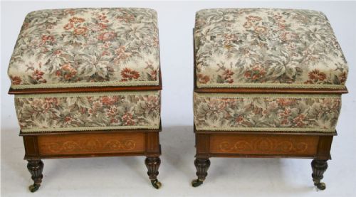 Edwardian Pair of Mahogany Inlaid Box Seat Stools with Base Drawers.