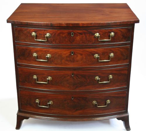 George 111 Figured Mahogany Bow Chest of 4 Oak Lined Long Drawers
