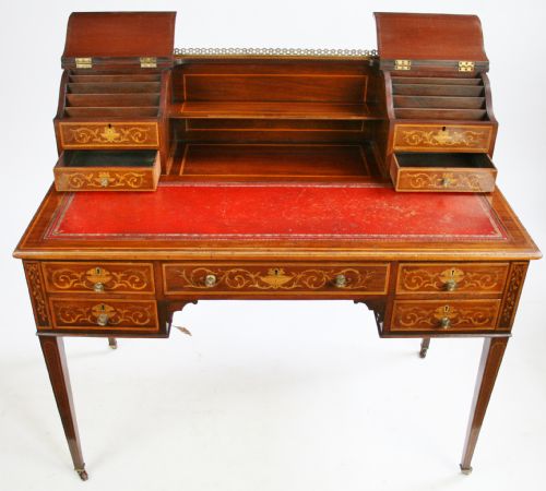 EDWARDIAN INLAID MAHOGANY 5 DRAWER WRITING DESK - ADDITIONAL PHOTO 2