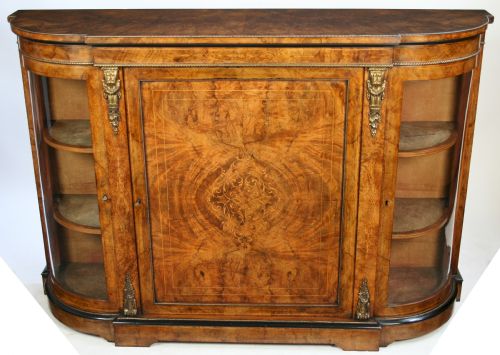Victorian Figured Walnut Inlaid Bow End Credenza with Ormolu Decoration.