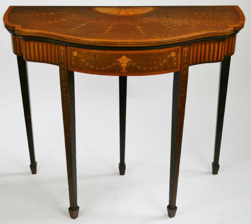 Edwardian Inlaid Feathered Mahogany Shaped Card Table.