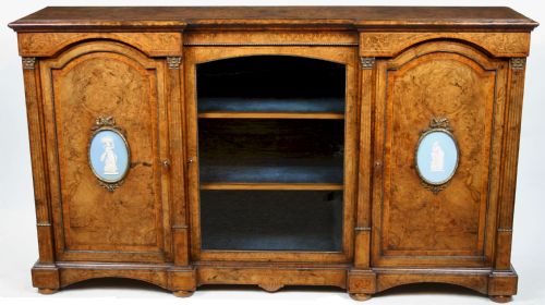 Victorian Inlaid Figured Walnut Inverted Breakfront 3 Door Side Cabinet.