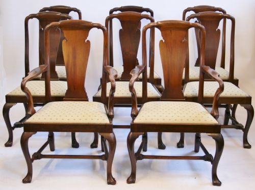 Late 19c Mahogany Set of 6 & 2 'Queen Anne' Style Dining Chairs.