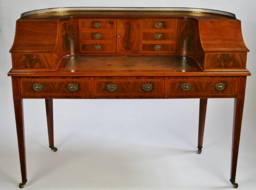 Edwardian Mahogany Satinwood Cross Banded Carlton House Desk.