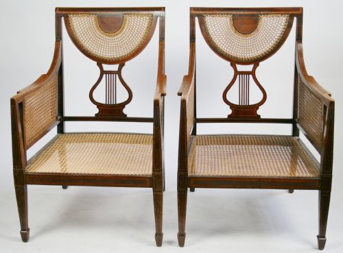 Edwardian Mahogany Satinwood Banded Pair of Bergere Armchairs.